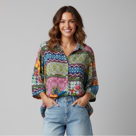 Cynthia Rowley Tops - ✨NWT- Cynthia Rowley Floral Boho Pattern Patchwork 3/4 Sleeves Button Down 2X